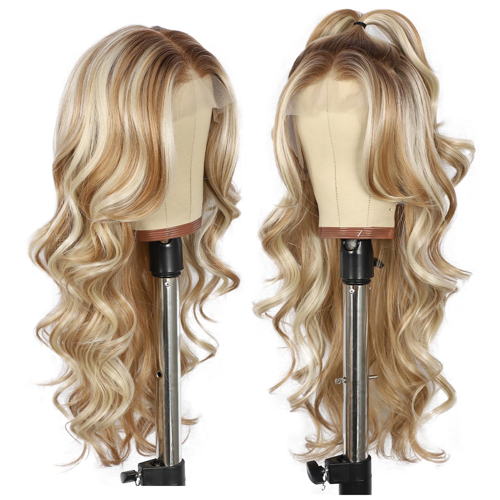Sapphirewigs Blond peruka z koronką na przodzie 13x4 Syntetyczne peruki Body Wave Mix Blond Lace Front włosy z wypłukanymi włoskami Do noszenia na co dzień Impreza Randka Boże Narodzenie 56 cm