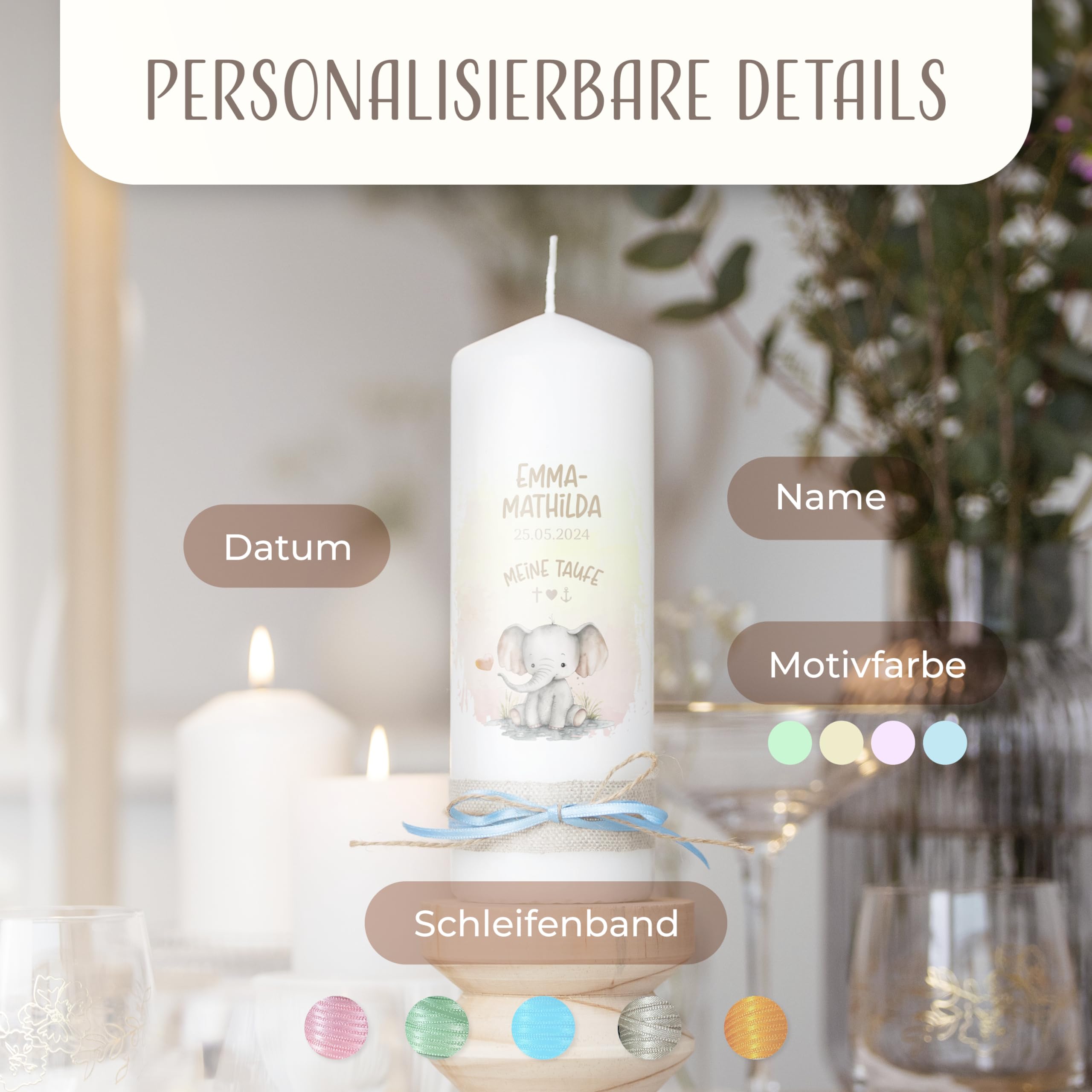 AMARI® Personalisierte Taufkerze Elefant Herz - Mädchen/Junge - 20cm/7cm - Gestalten Sie Ihre eigene Taufkerze mit Namen
