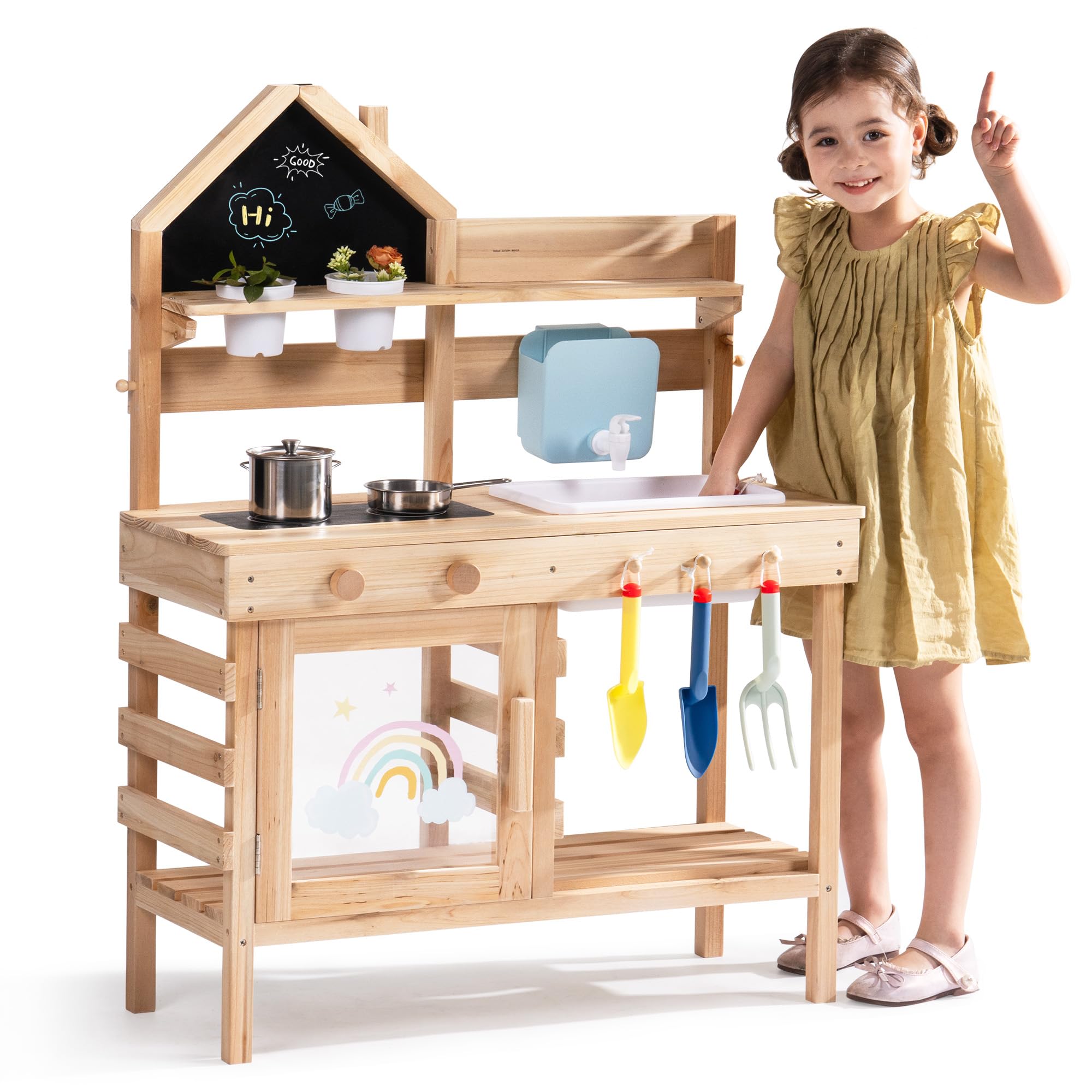 ROBOTIME Kinder Matschküche aus Holz mit Spüle, Tafel, Herd, Wasserhahn, Kochgeschirr & Stauraum – Outdoor Spielküche für Jungen & Mädchen ab 3 Jahren