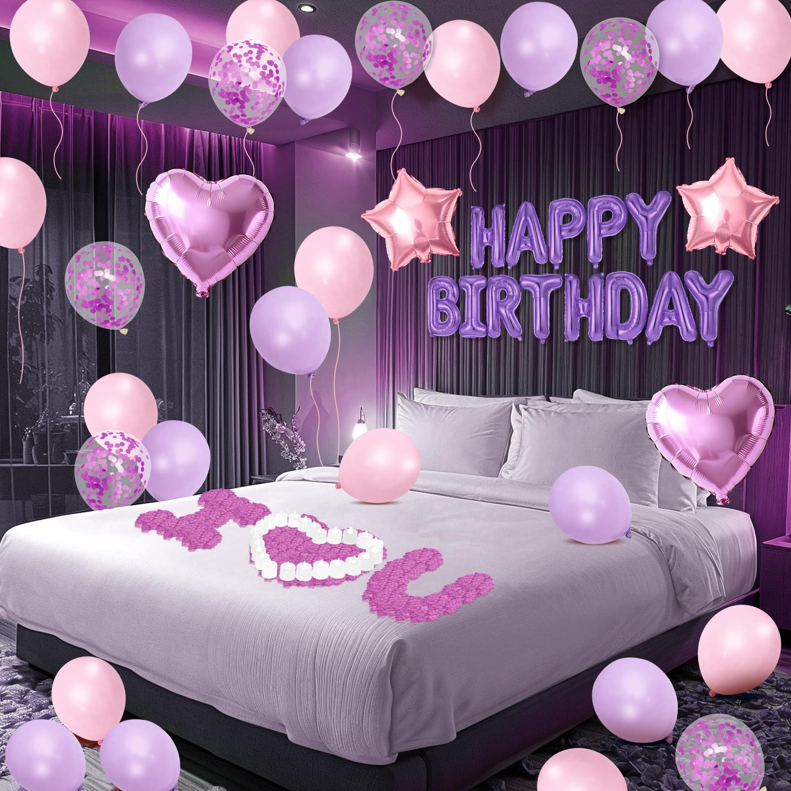 Globos de cumpleaños morados y rosados, decoración de globos de cumpleaños rosa y morado, pancarta con globo de estrella y corazón, 1000 pétalos de rosa artificiales, 24 velas LED sin llama para