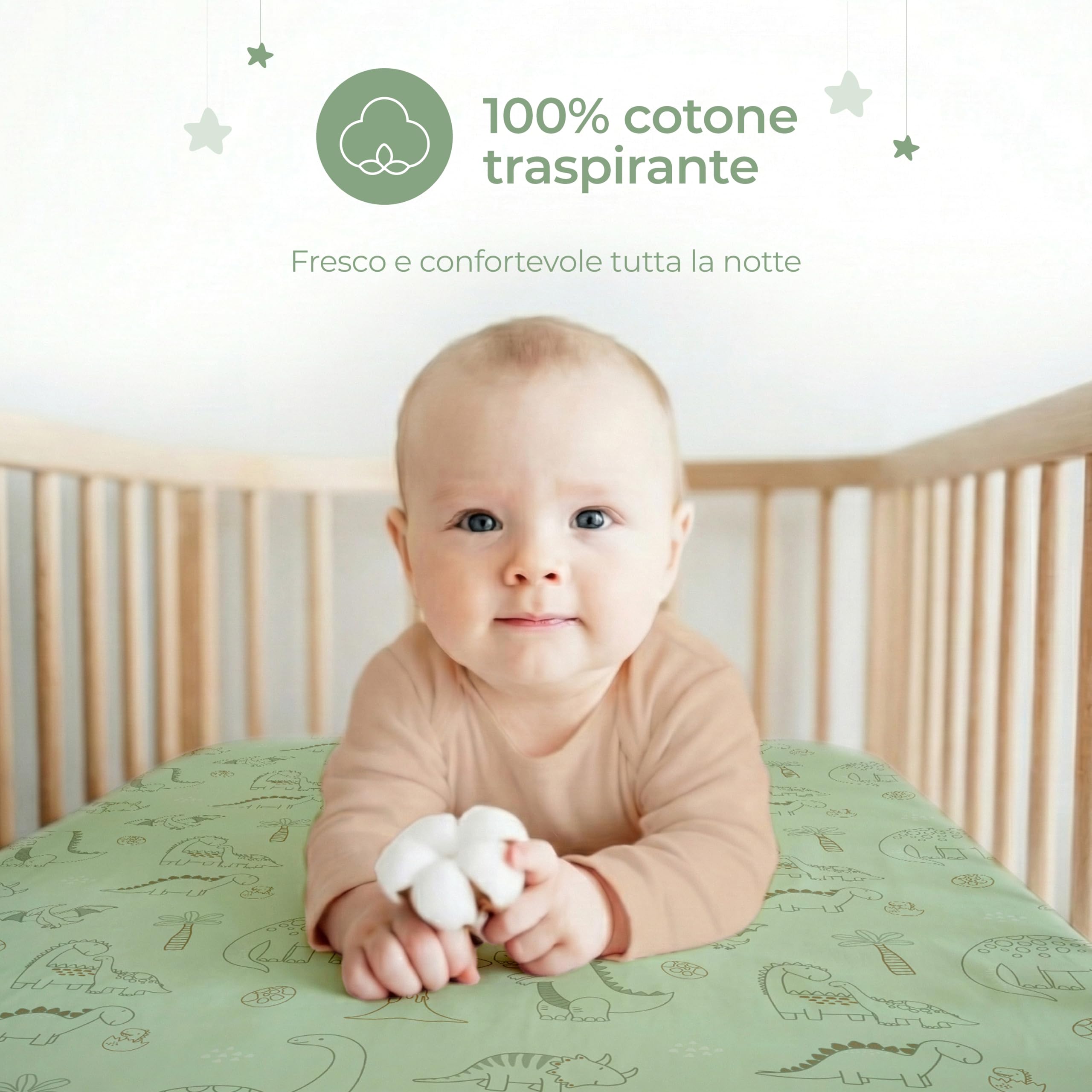 Dreamzie Set 2 Lenzuola Lettino Neonato 60x120 Cotone - Lenzuolo Con Angoli, Oeko-Tex Certificato - Lenzuola Culla Lettino 60x120 - Dinosauro Bianco/Verde Salvia