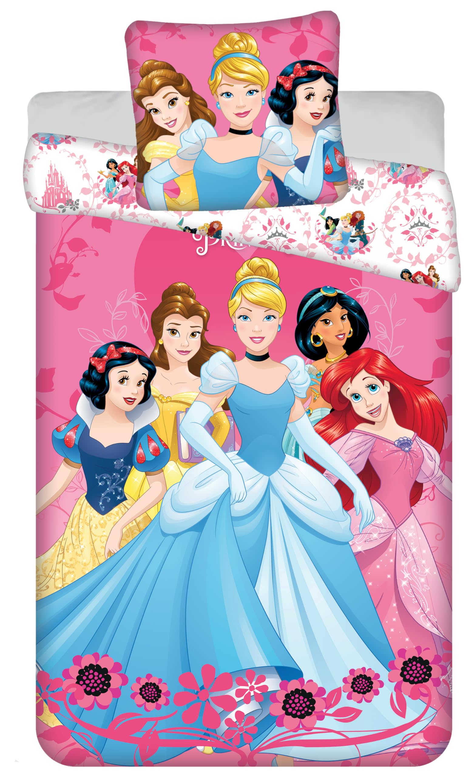 Juego de cama Princesas Disney Hearts, 100% algodón, funda nórdica reversible de 140 x 200 cm + funda de almohada de 65 x 65 cm, con Ariel, Jasmine, Cenicienta, Bella y Blancanieves