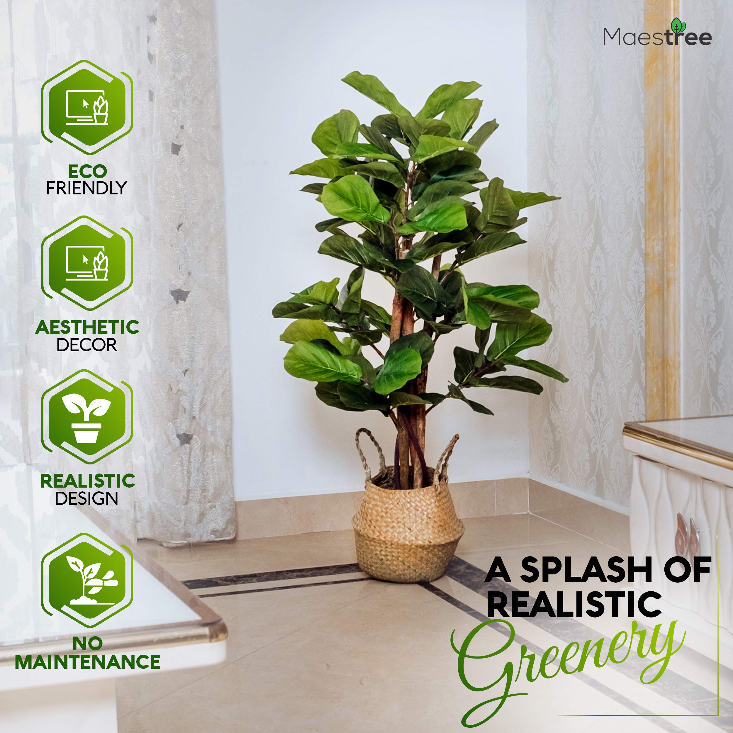 Maestree Faux Fiddle Leaf Fig Tree Artificial Plant 4 Feet Tall Fake