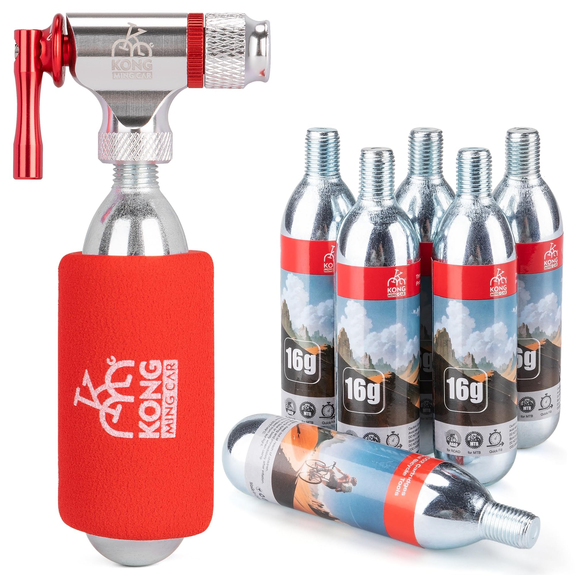 KONG MING CAR Set di gonfiaggio CO2 per ciclismo con 6 cartucce filettate di CO2 da 16 g/25 g, compatibile con valvole Presta e Schrader