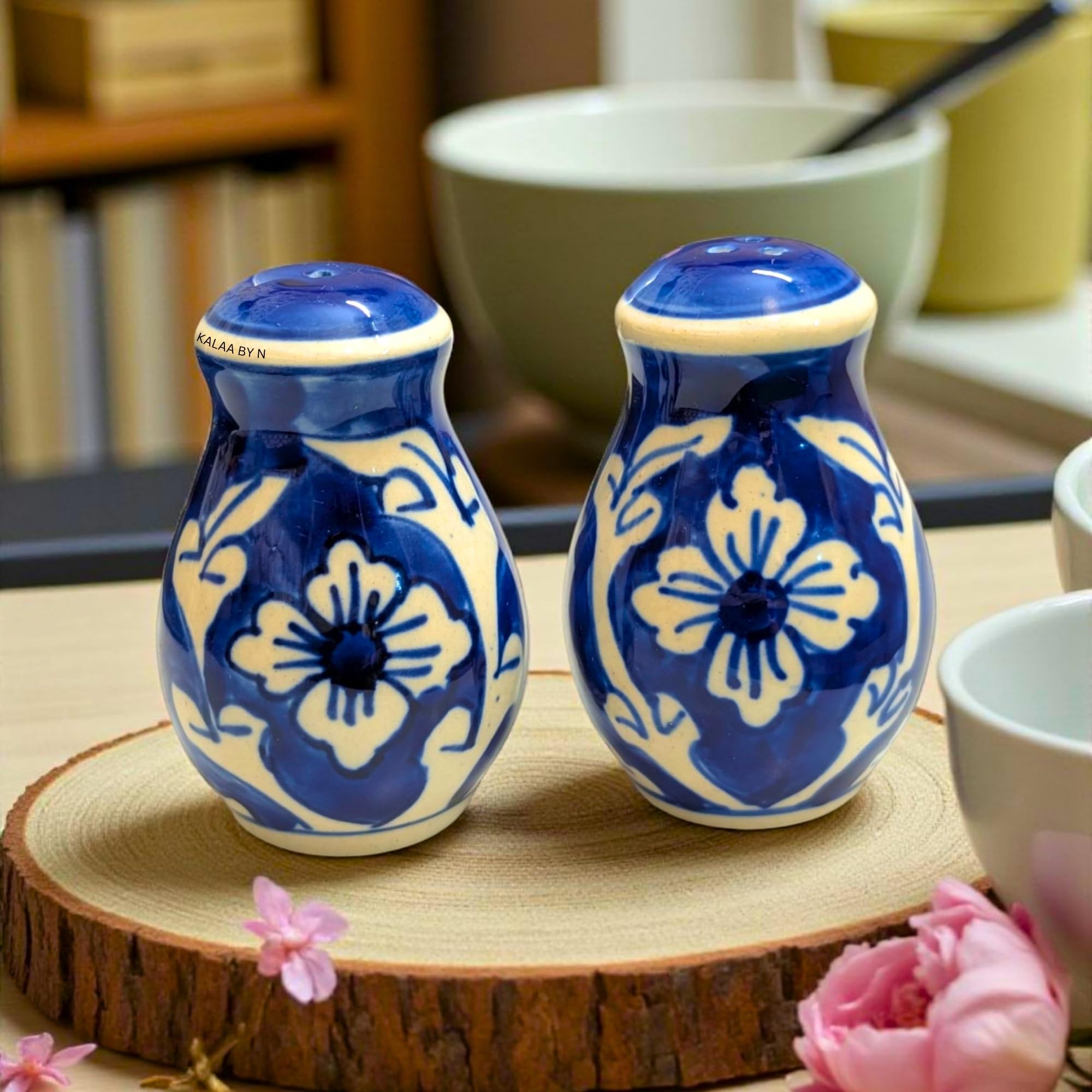Kalaa By N Salt Pepper Set for Dining Table Kitchen - Ceramic Salt and Pepper Shakers Dispenser Container Sprinkler 60ML - Home Cafe Office Restaurant - Dishwasher Safe (Blue and White) - Image 2 thumbnail