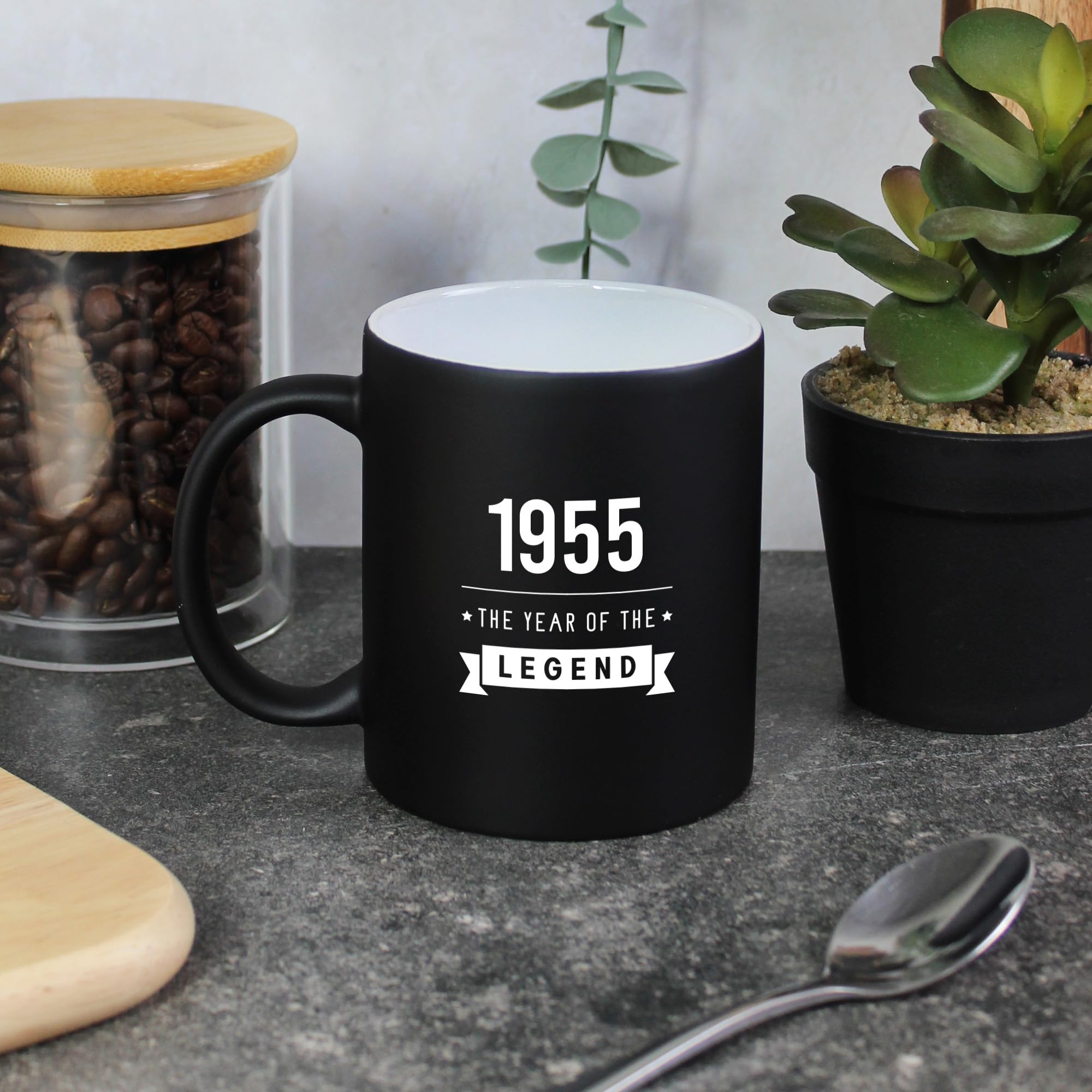 eBuyGB Engraved 1955 Year of The Legend Black Coffee Mug, 70th Milestone Birthday Gift for Men, Seventieth Gift for Him, 350 ml