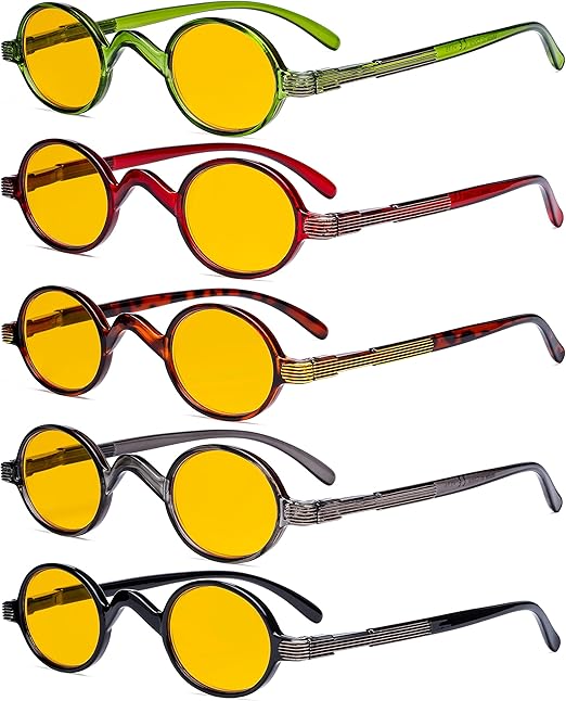Eyekepper 5 Pack Computer Reading Glasses Small Round Blue Light Filter Readers Amber Tinted +1.00