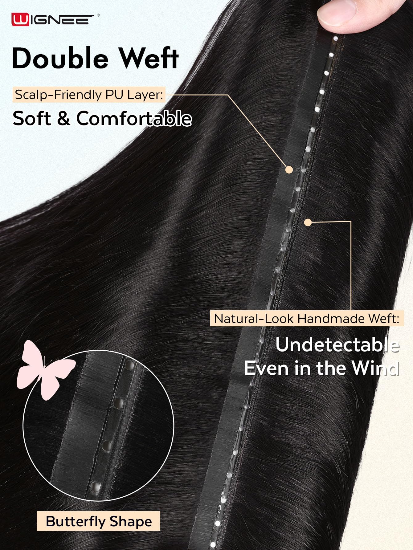 18 Inch Human Hair Extensions, Glueless Butterfly Weft for Thin Hair Volume Full Shine Butterfly Weft 100% Real Human Hair Extensions  main image 4
