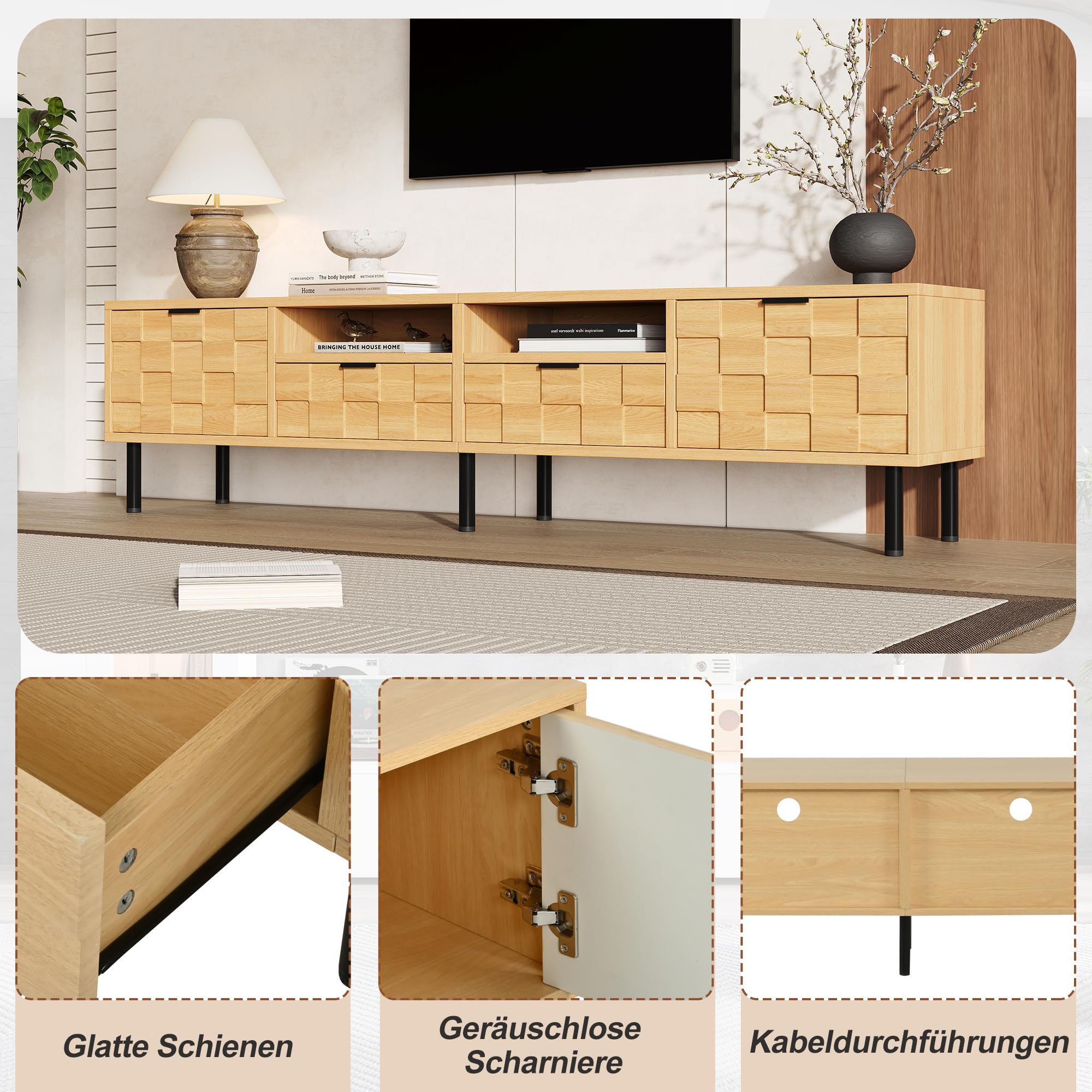 Gecheer TV Lowboard 200x35x44,5cm mit Schubladen Flügeltüren Naturholz