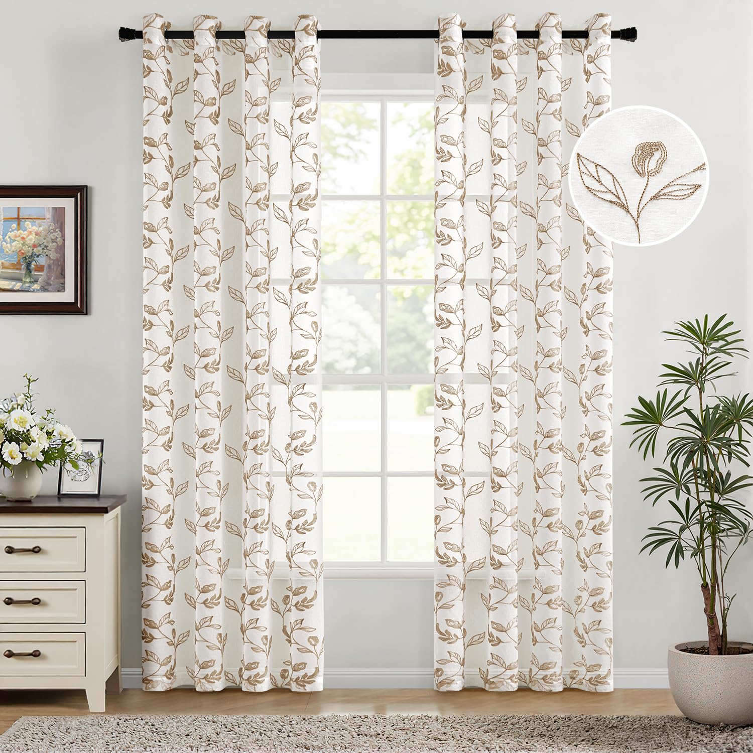 Woaboy Cortina Dormitorio Marrón Estampadas Flores Hojas Visillo Ventana Decorativo Tansparente Moderno para Salón Habitación 2 Piezas 140x225cm