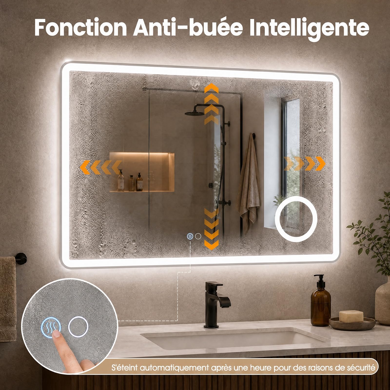 COSTWAY Miroir Salle de Bain avec Eclairage 80 x 60 cm, Grossissant 3X