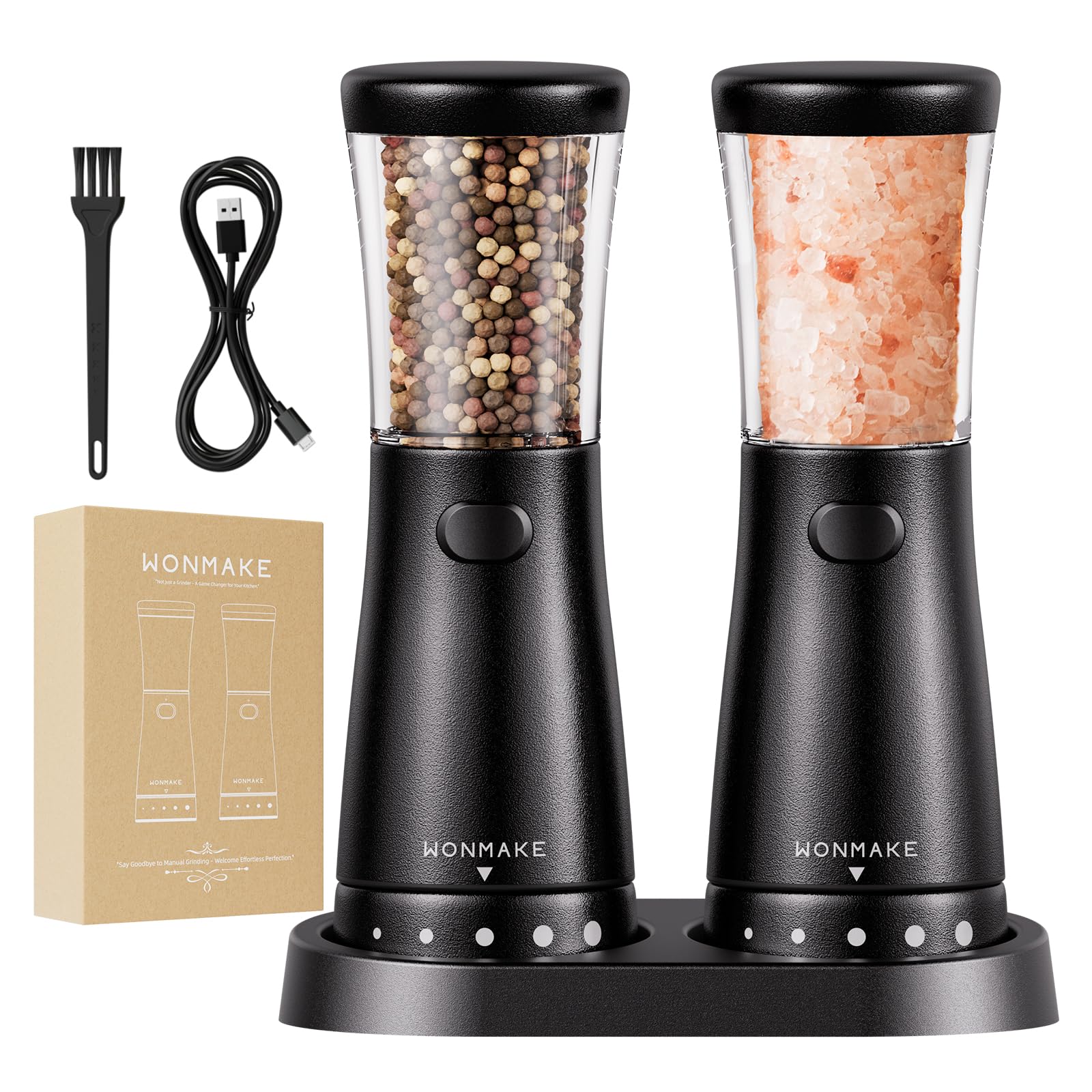 Electric Salt and Pepper Grinder Set with 4.5oz Large Capacity, Stainless Steel Rechargeable Salt and Pepper Grinder Set, Adjustable Coarseness, with Storage Base, Ideal Kitchen Gadget