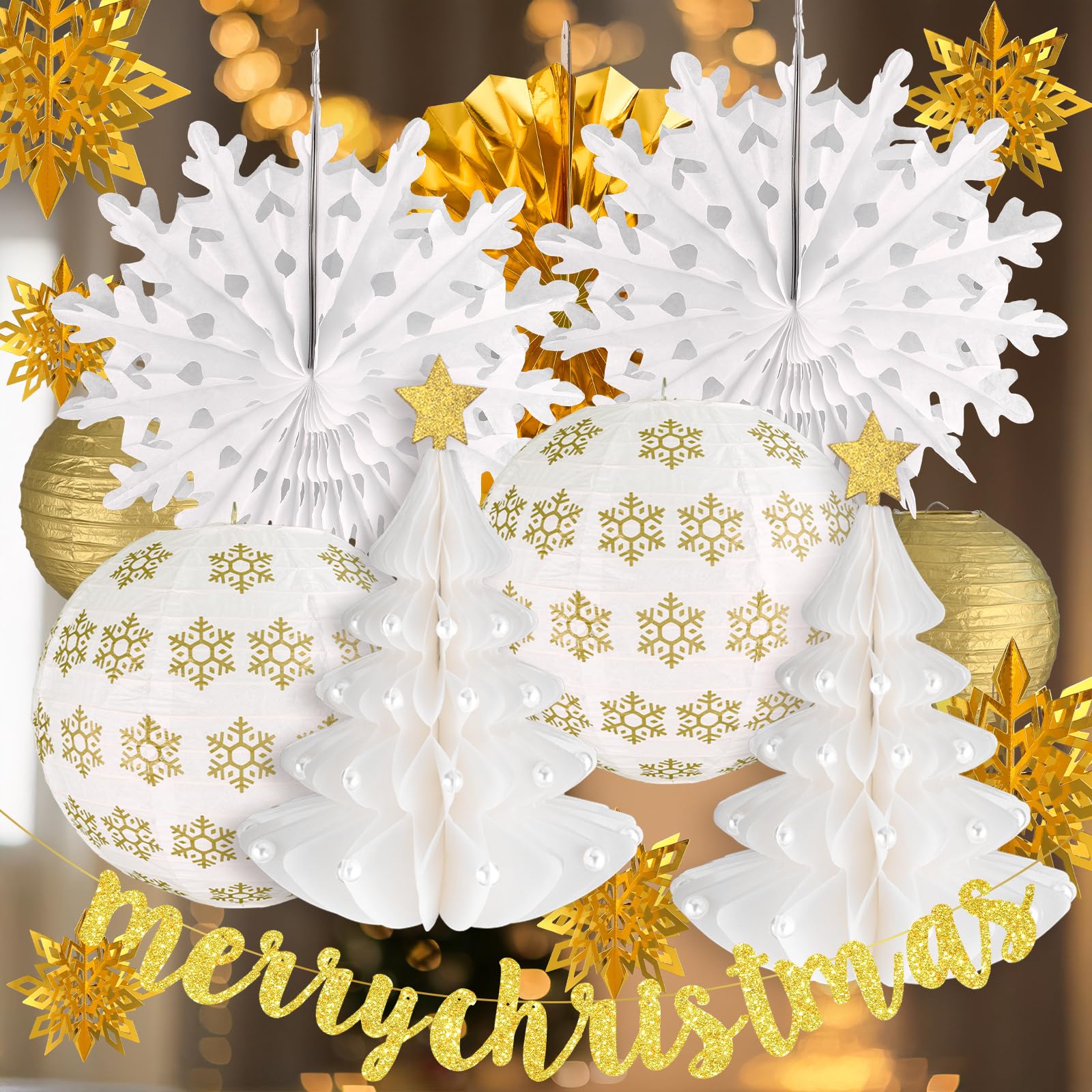 PAPER FAIR White Christmas Hanging Decorations Set, 3D Xmas Tree Paper Honeycomb Ornaments Gold Snowflake/Merry Christmas Banner Paper Lantern Ornament for Festive Holiday Table Decor