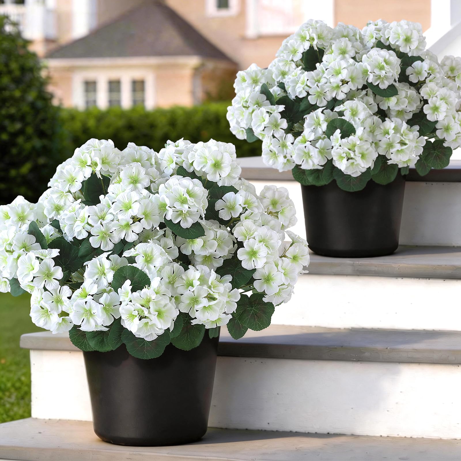 Photo 1 of 2 Pack Artificial Geranium Flowers Topitary Trees for Outdoors, UV Resistant Geraniums Potted Bushes Look Real Silk Faux Plants for Front Door Garden Porch Planter Farmhouse Home Decor (White)