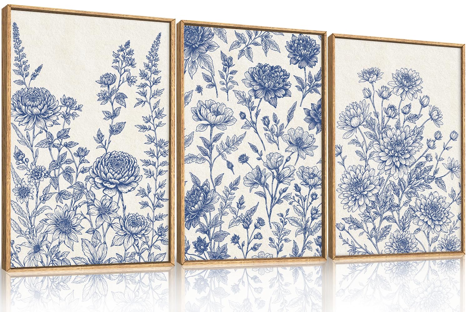 Celestdeco Classic Chinoiserie Floral Framed Canvas Wall Art Set, Blue and White Flower Wall Decor, Navy Watercolor Wall Painting, Minimalist Wildflower Art Print for Living Room, Bedroom - 24"x36"×3
