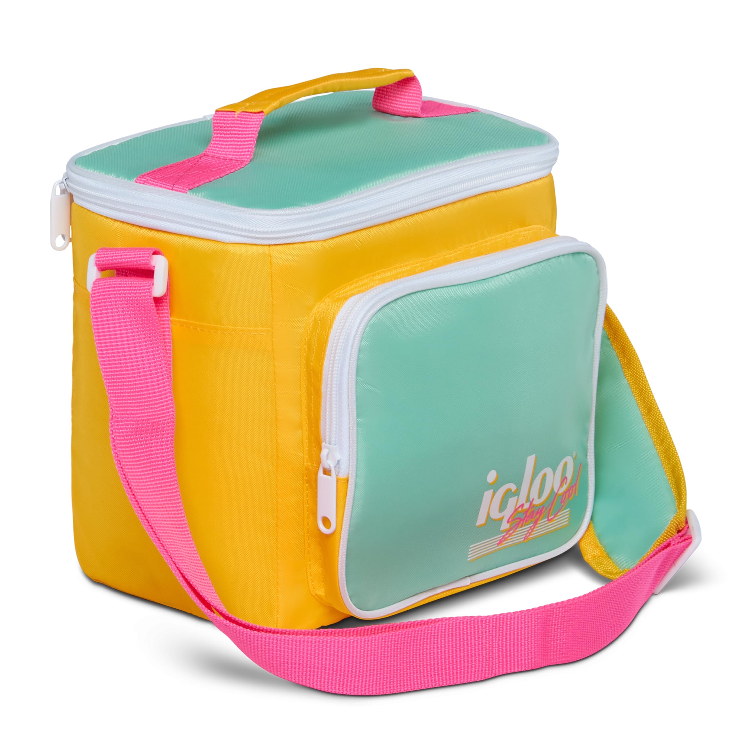 Igloo 90s Retro Collection Square Lunch Box Cooler with Front Pocket and Adjustable Strap,Yellow/Mint