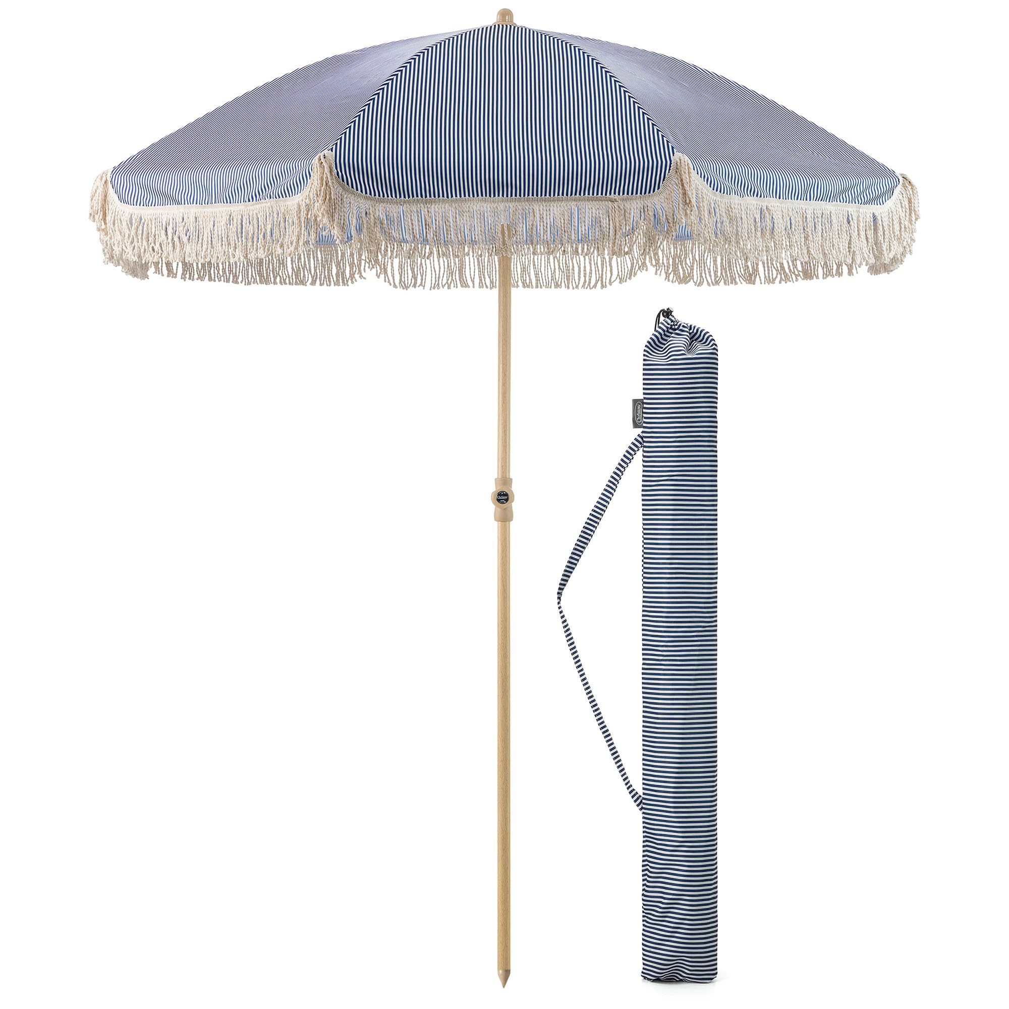 CHRISTOW Portable Garden Parasol with Tilt, 2m Cotton Tassel Beach Umbrella, Outdoor Patio Sunshade, Tilting Canopy, Wood Effect Steel Pole, UV50+ Sun Protection, Water Resistant, Bag (Navy Stripes)