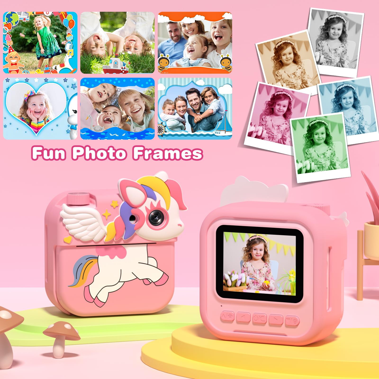 Macchina Fotografica Bambini Istantanea,Hangrui 12MP/1080P HD Fotocamera Bambini con Carta da Stampa e 32G, Fotocamera Digitale Stampa Istantanea, Regalo per Bambini dai 3-12 Anni-Rosa chiaro