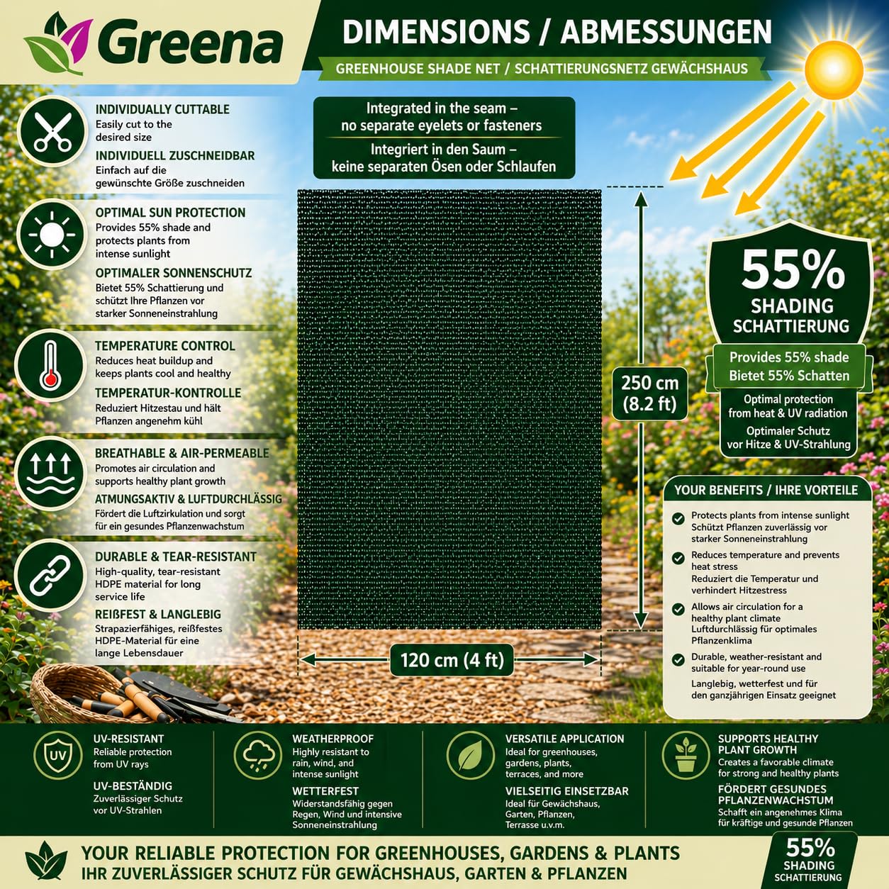 Greena® Cieniowanie szklarni 1,2 m x 2,5 m (4 stopy x 8,2 stóp) - Zapewnia 55% cienia