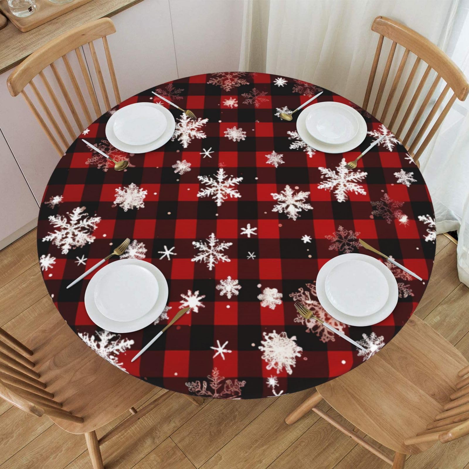 XYFCS Round Fitted Tablecloth Winter Snowflake Buffalo Plaid Xmas Table Cloth with Elastic Edged Waterproof Wipeable Round Table Cover for Patio Parties Outdoor Decor, 40