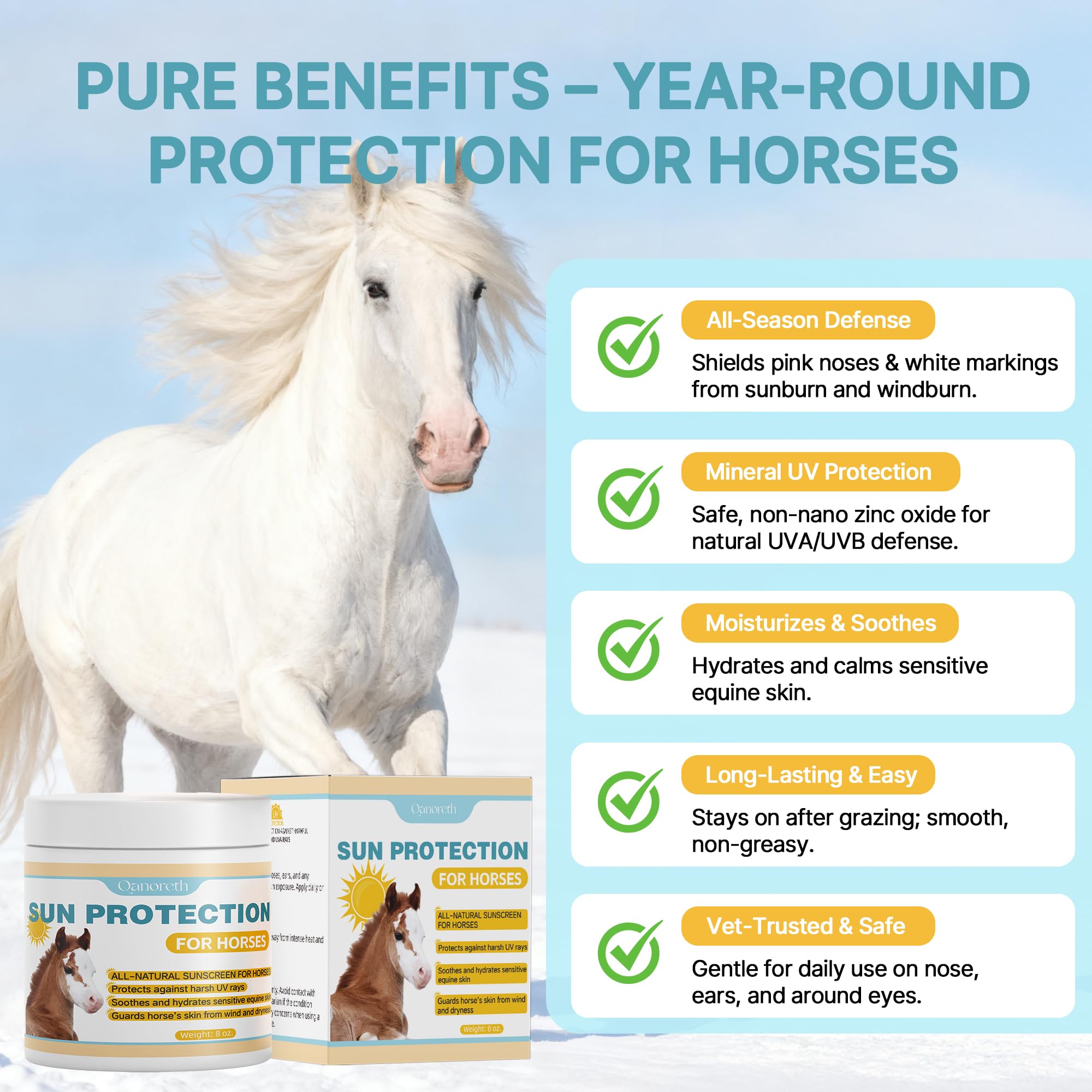 Protector solar de caballo para nariz y piel rosa sensible, protector solar natural para caballos con óxido de zinc no nano, protege contra quemaduras solares, quemaduras por viento y sequedad