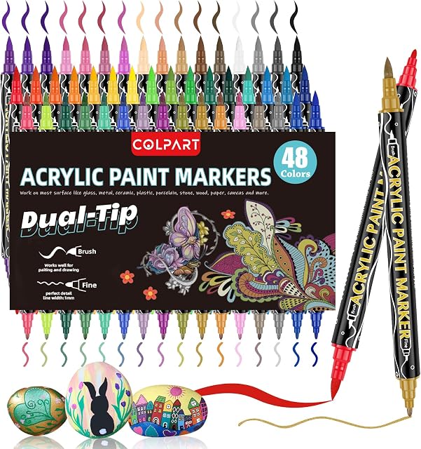Marqueurs de peinture acrylique, Stylos de peinture acrylique,48 Couleurs Stylos à double pointe avec pointe de pinceau et pointe fine pour la peinture de roche,Plastique, Toile, Eggs de Pâques DIY Artisanat Art Supplies Panier de Pâques Stuffers