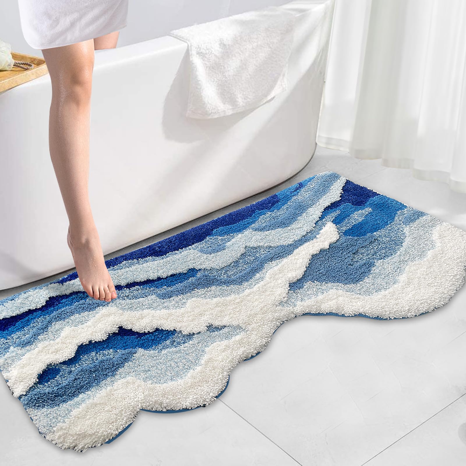 Photo 1 of SiliPacks Blue Cute Coastal Beach Themed Bath MatsOcean Wave Tufted Bathroom Rugs, Cute Coastal Beach Themed Bath Mats, Non-Slip Washable Bath Rugs for Bathroom Bedroom Kitchen Decor(20" x47.2")