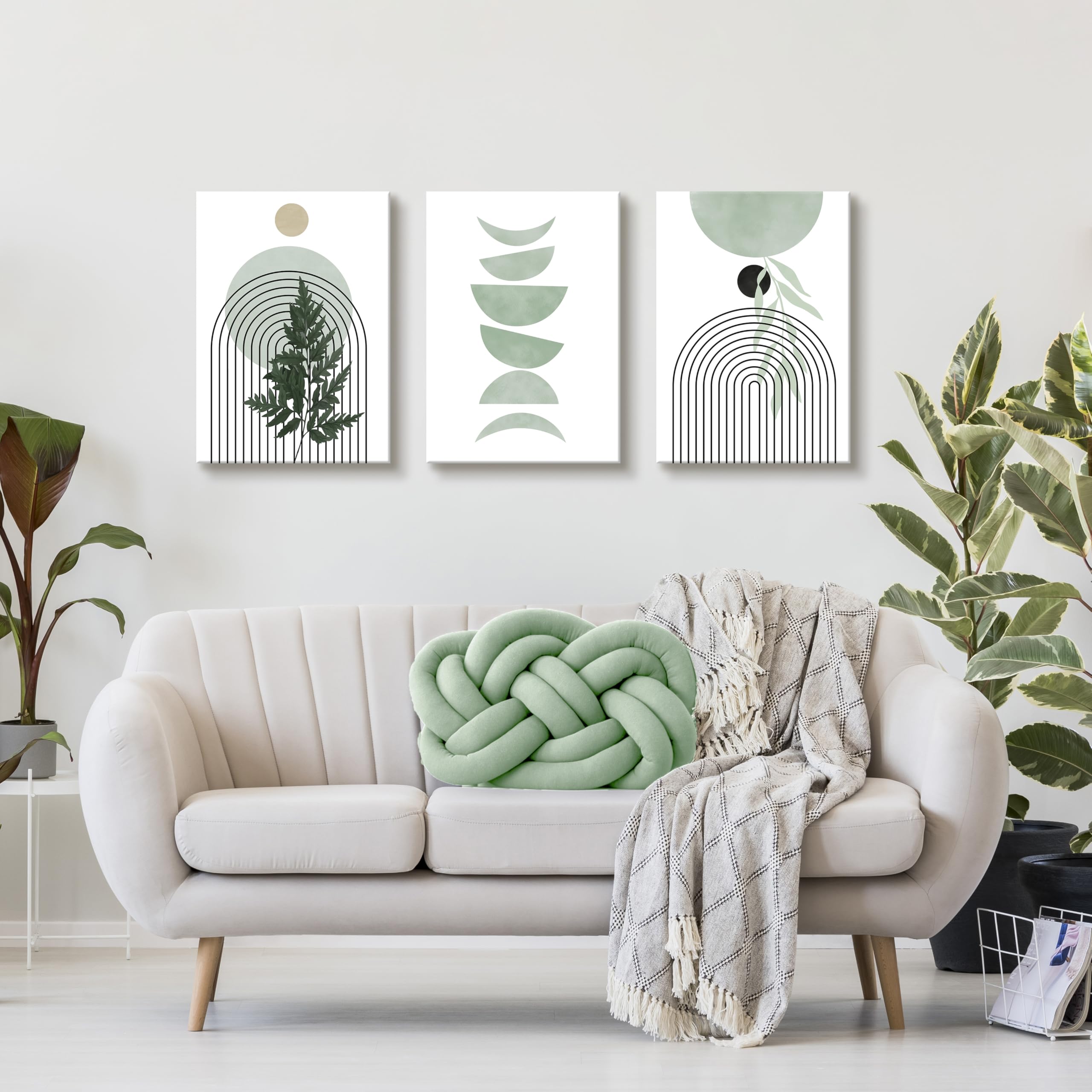3 Pcs Wooden Framed Canvas Wall Art Set Bohemian Sage Green Canvas Prints Poster Geometric Line Beige Green Pictures for Living Room Bedroom Dinning Room Hallway Stairs Wall Decor 30x40cm x3pcs — view 182