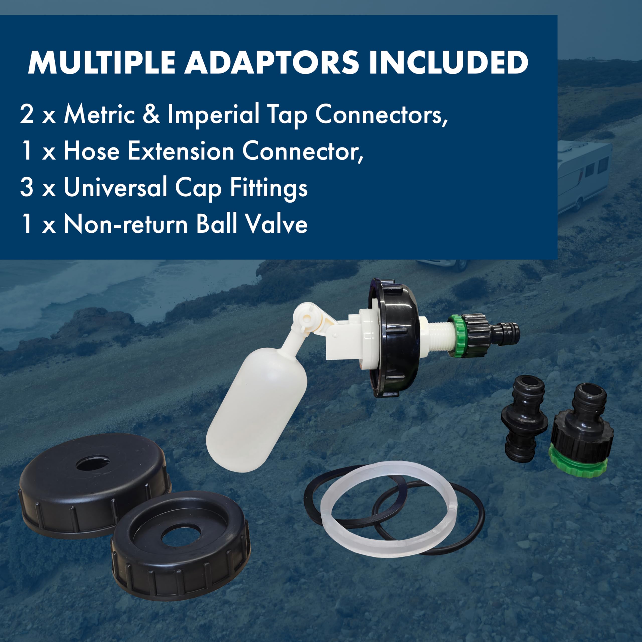 Kit adattatore acqua universale con sistema galleggiante – compatibile con Aquaroll, Aqua Caddy, Aquarius, Roly Poly, e Water Hog – Include tubo e raccordi per uso alimentare da 7,5 m