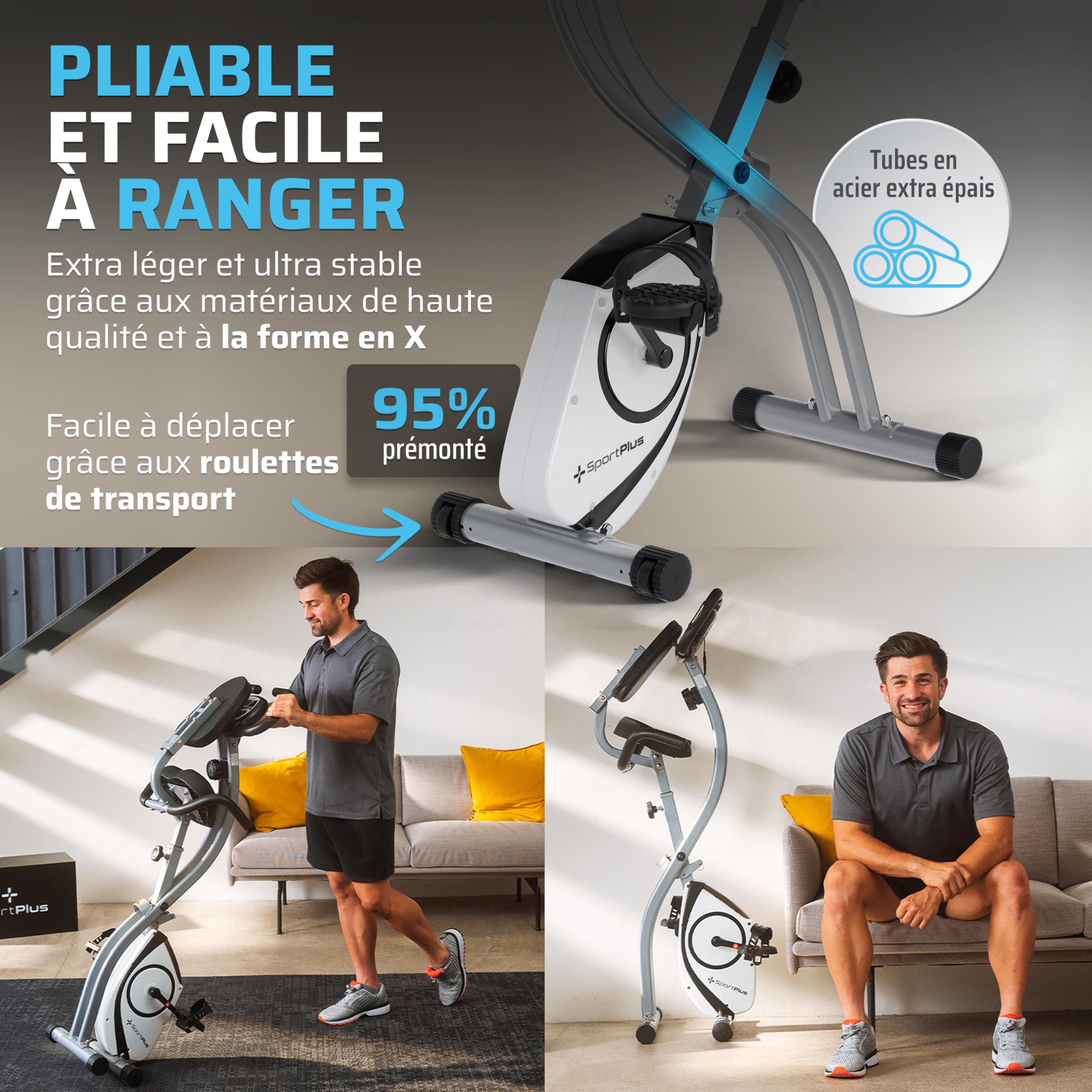 SportPlus vélo d'appartement pliable avec dossier - 8 niveaux de résistance (freinage magnétique silencieux), avec support tablette, capteur de fréquence cardiaque