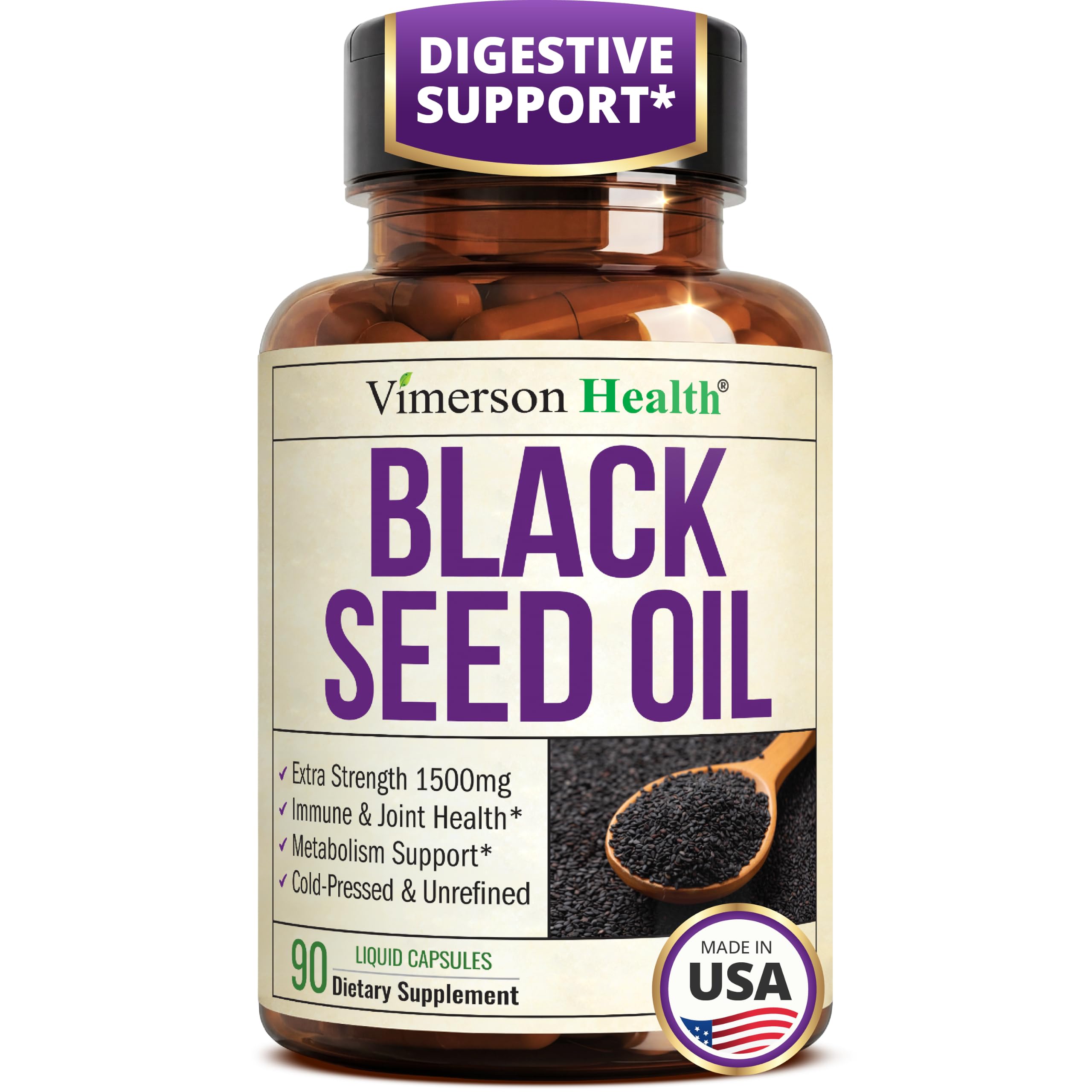 Black Seed Oil - Cold Pressed Black Seed Oil Capsules - Provides Vitamin E & Omega 3 6 9 - High Potency (1500mg) for Immune & Joint Support, Antioxidants, Digestion, Hair Skin Nails - Vegan 90 Caps