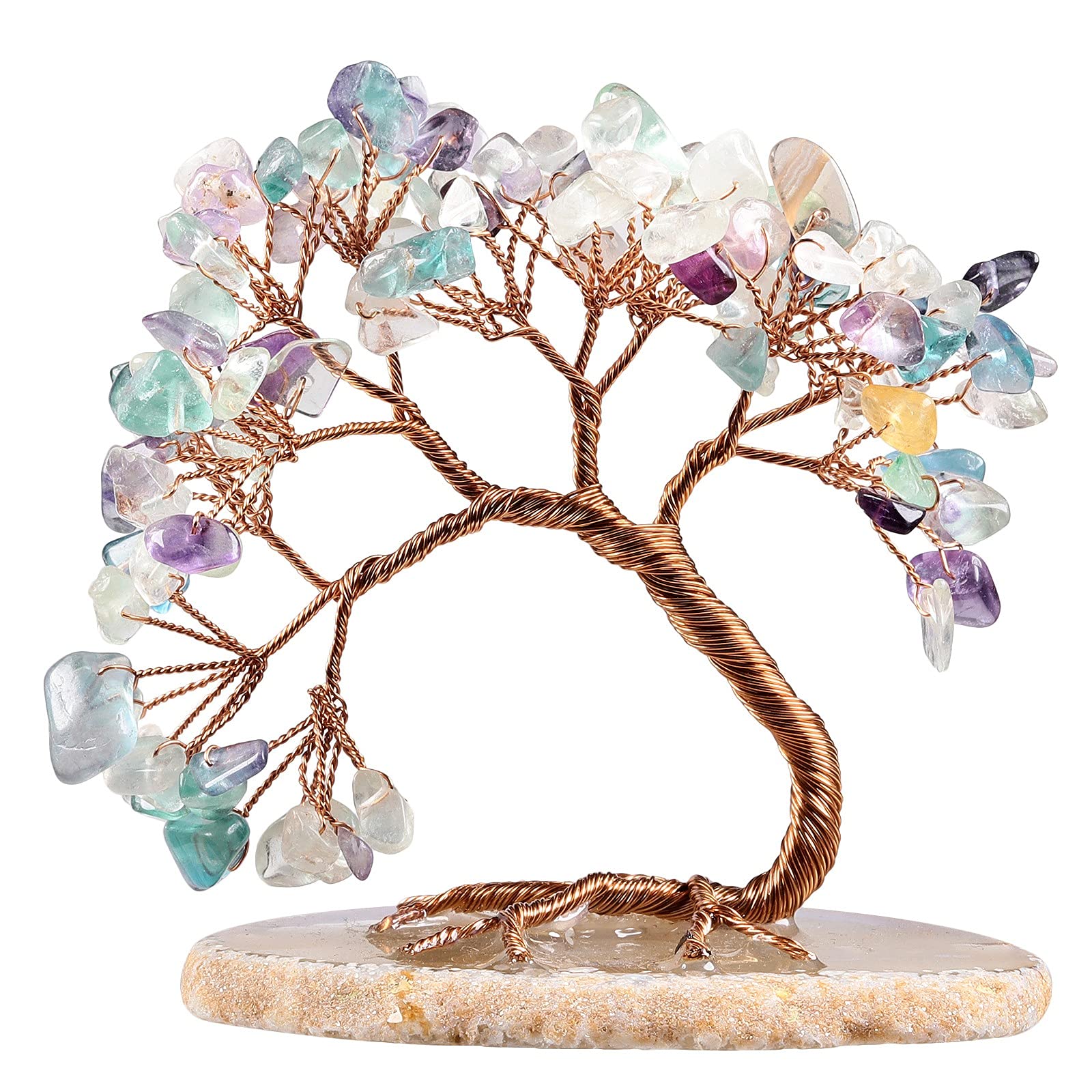 SUNYIK Healing Fluorite Money Tree, Handmade Fengshui Crystal Bonsai Tree with Agate Slice Base for Wealth Luck, Office Desk Decor, Spiritual Gift, 3-4 inches