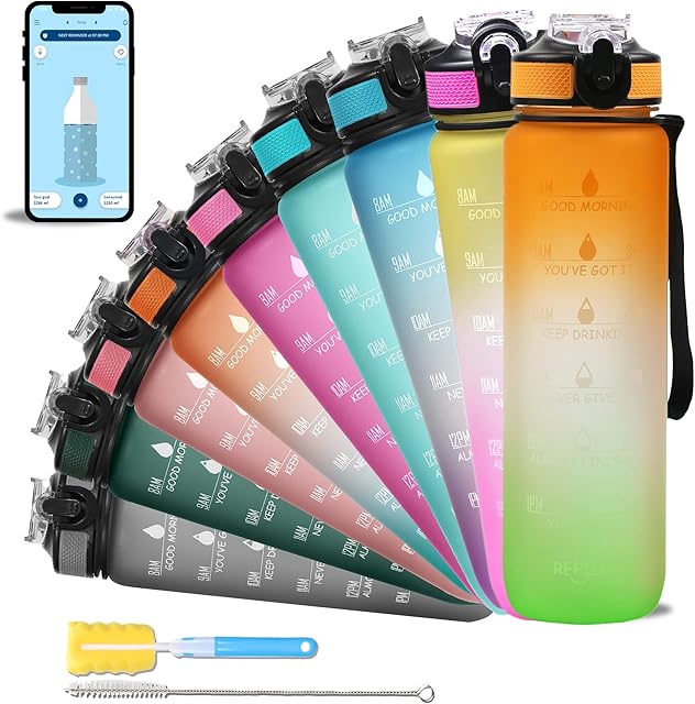 SOLARA Unbreakable 32oz Water Bottle with Motivational Time Marker, Sipper Bottle with straw, Water bottle for Gym Office| Mobile app with Drinking water reminder | OrangeGreen