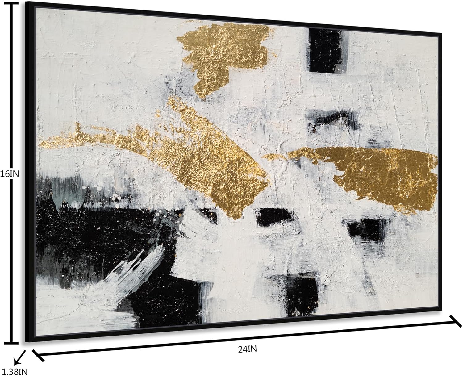 yihui arts hand painted abstract wall art with gold foil accents, black and white modern artwork in floating frame for home decor black white painting 24"l x 16"w