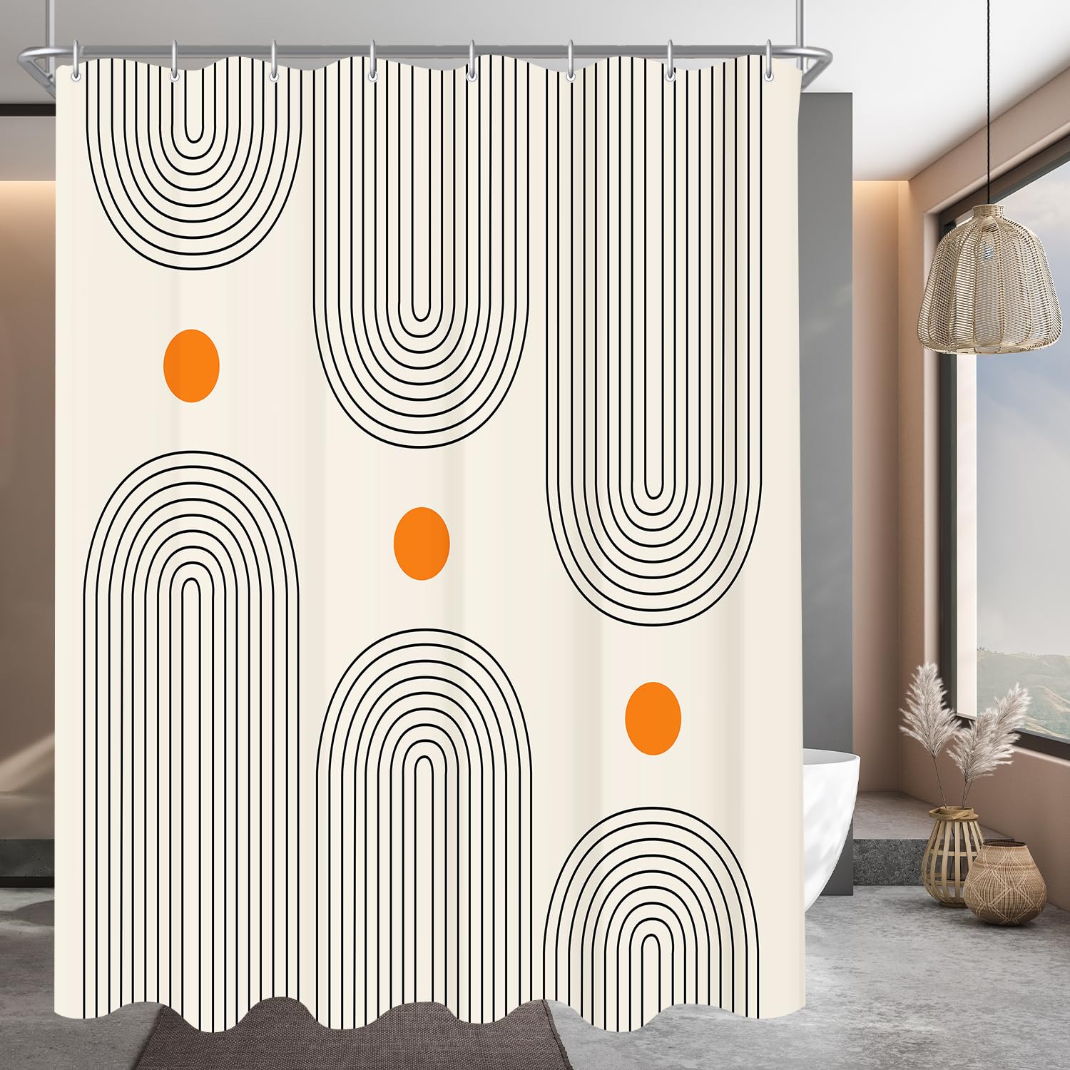 Lerores Shower Curtain 100 x 200 cm Geometric Curve, Weighted Hem, Anti-Mould Textile, Water-Repellent, Washable Polyester Fabric Bath Curtains for Bathroom, Bath with 7 Shower Curtain Rings