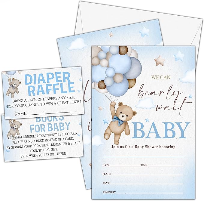 Set of 25 Baby Shower Invitations, Balloon Bear Gender Reveal Party Invites with Envelopes, Book Request Cards, Diaper Raffle Tickets for Party Decorations Supplies - B11