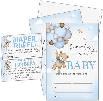 Set of 25 Baby Shower Invitations, Balloon Bear Gender Reveal Party Invites with Envelopes, Book Request Cards, Diaper Raffle Tickets for Party Decorations Supplies - B11