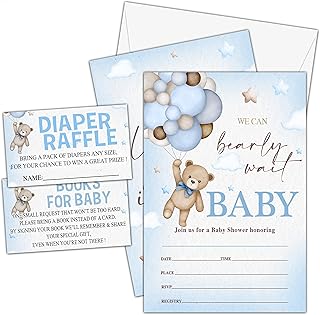 TIOFUNO Set of 25 Baby Shower Invitations, Balloon Bear Gender Reveal Party Invites with Envelopes, Book Request Cards, Diaper Raffle Tickets for Party Decorations Supplies - B11