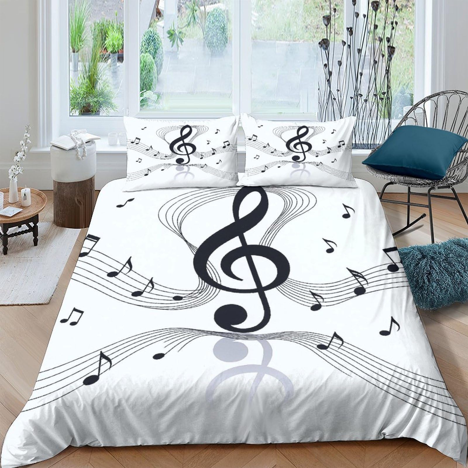 Ctjqhvkz Style-9 3D Printed Musical Note Fitted Sheet Microfiber Soft Black White Melody Bed Cover For Bedroom Dorm Mattress Protection Decor Single（135X200cm）