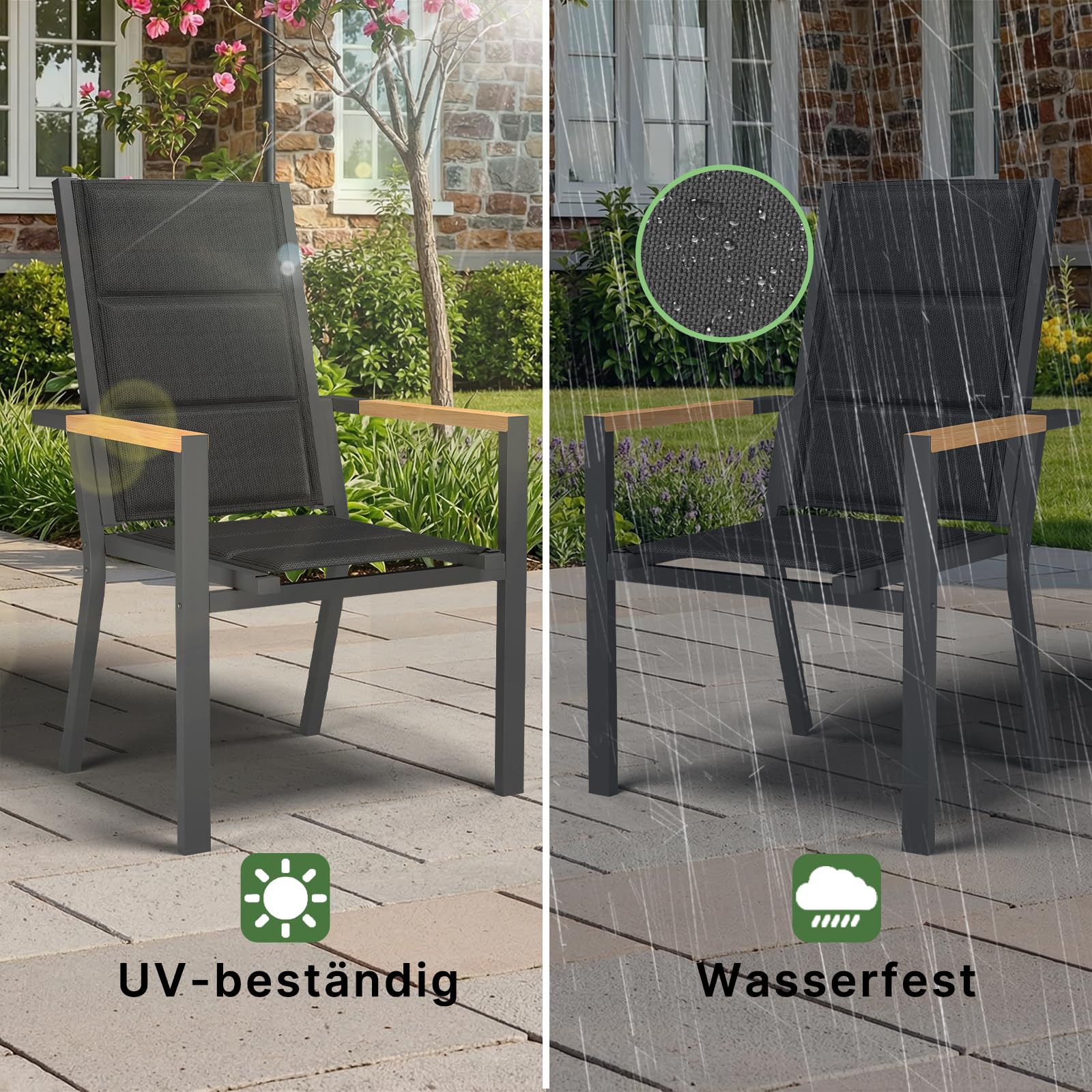 TRIUMPHKEY Gartenstuhl aus wetterfestem mit Holzkorn Handlauf, Aluminium Outdoor Garten Stapelstühle mit Baumwollsitz für Balkon, Terrasse, Garten - Set aus 2 Stück, DunkelGrau
