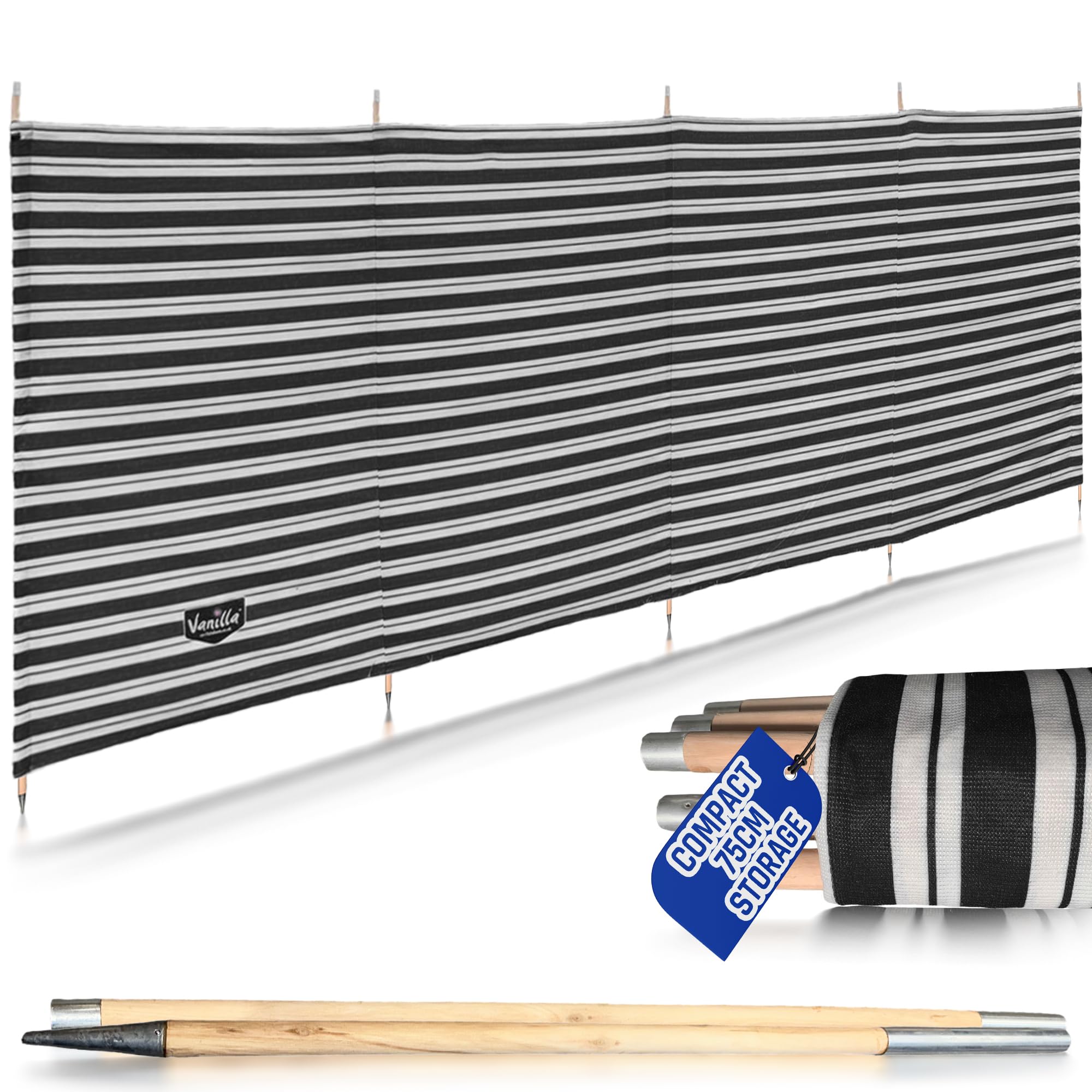 Vanilla Leisure 5 or 7 Split Windbreaker Pole - Wind Breaks for Camping, Beach, Caravan & Garden - Heavy Duty with Metal Tipped Wooden Poles for Extra Stability, Blue, Green, Charcoal