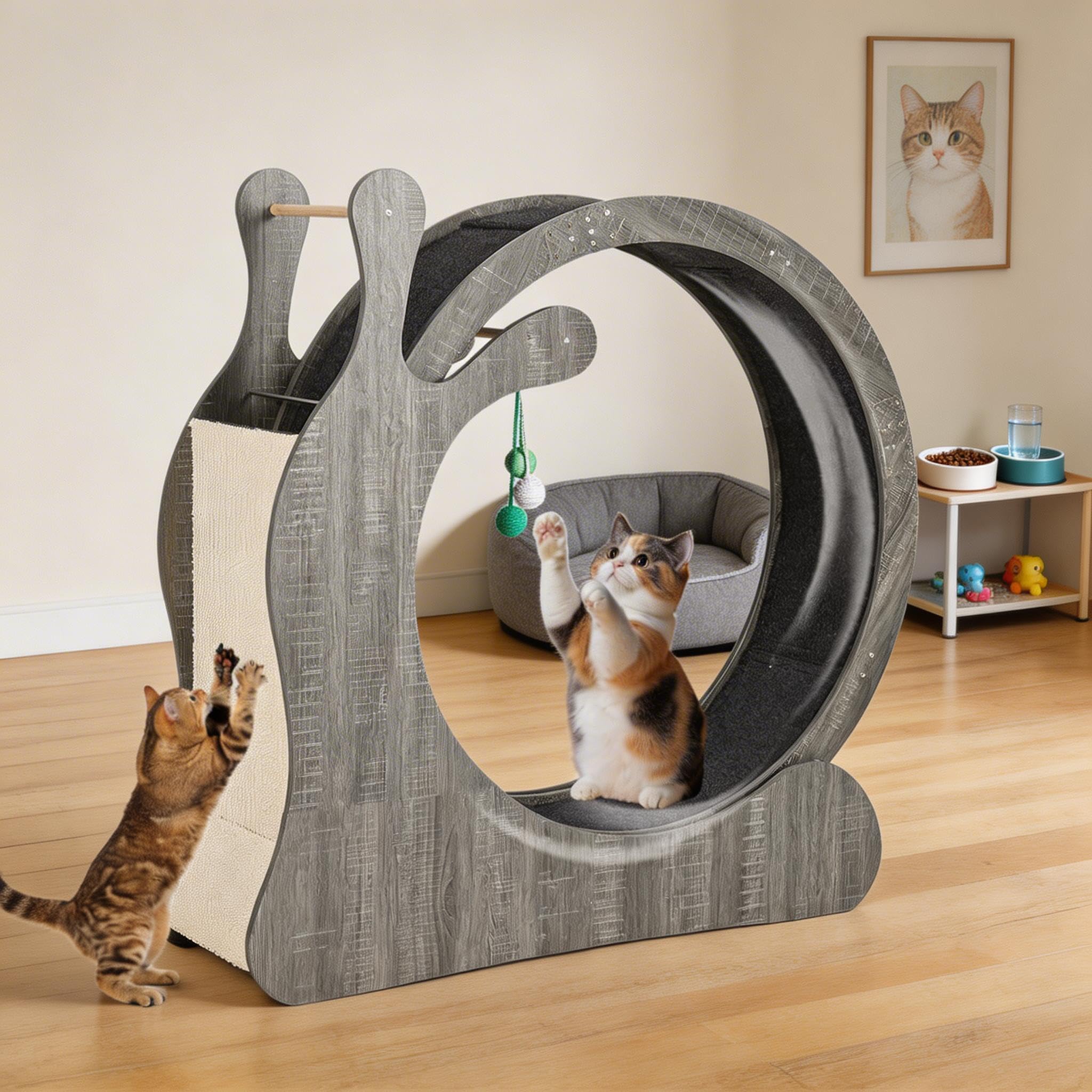 Cat Exercise Wheel, 85cm Inner Diameter Large Cat Treadmill with Removable Carpet, Scratching Board & Play Balls, Kitten Running Wheel for Indoor Cats Walking Training for Cats' Weight Loss & Health-A
