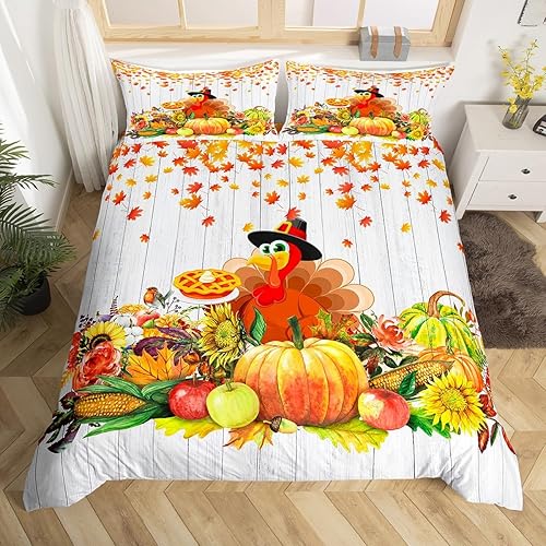Funda de edredón de pavo tamaño Queen, funda de edredón de hojas de arce y calabaza, juego de ropa de cama rústica de pavo para niños y niñas, funda