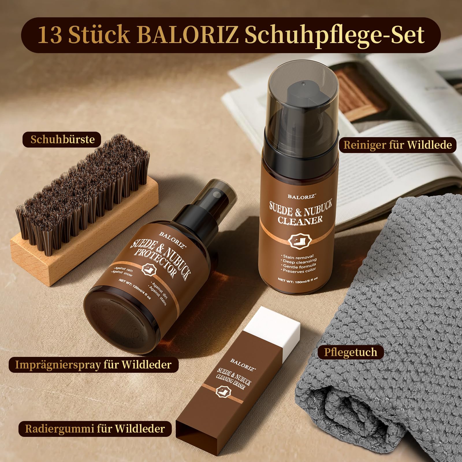 Wildleder- und Nubuk-Pflegeset: Reiniger, Schutz, Wildlederbürste und -radierer: Reinigen, schützen und restaurieren Sie Schuhe, Stiefel, Uggs, Möbel, Jacken, Taschen und Kleidung. Sicher für jede Far