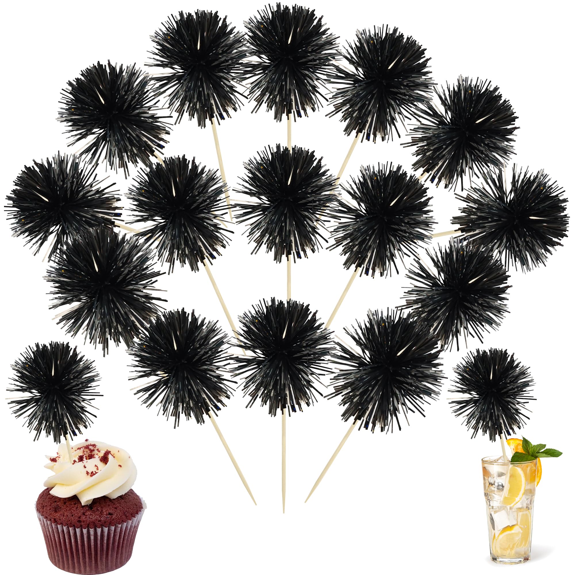 Ephlyn 30Pcs Foil Firework Cupcake Toppers Sparkle Tinsel Cupcake Picks Happy Birthday Cake Decorations Drink Stirrers Cocktail Food Fruit Toothpicks for Baby Shower Graduation Party Supplies Black — image 1
