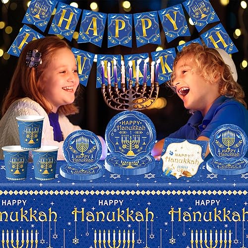 Miniatura 2 de 142 piezas de decoración de fiesta de Hanukkah, juego de vajilla con temática de menorá de Hanukkah, incluye platos, servilletas, vasos, mantel,