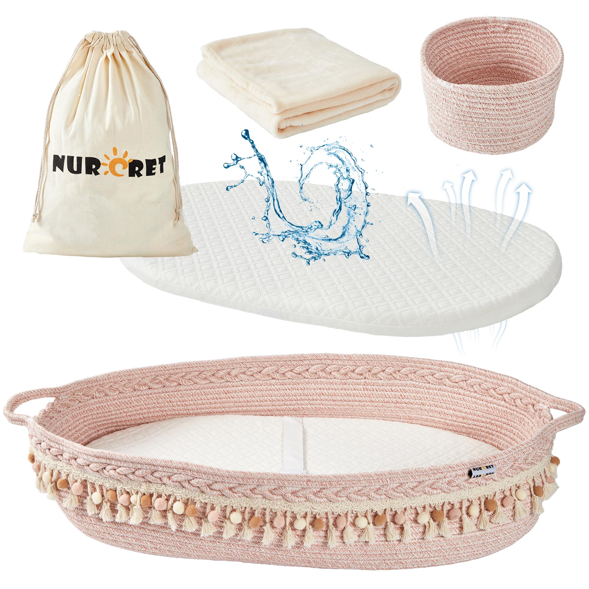 Nurcret Baby Changing Basket, Foldable Portable Changing Pad, Moses Basket for Newborn, Changing Table Topper for Dresser, Cotton Rope Diaper Caddy for Travel&Nursery, Waterproof Foam Pad Cover, Pink