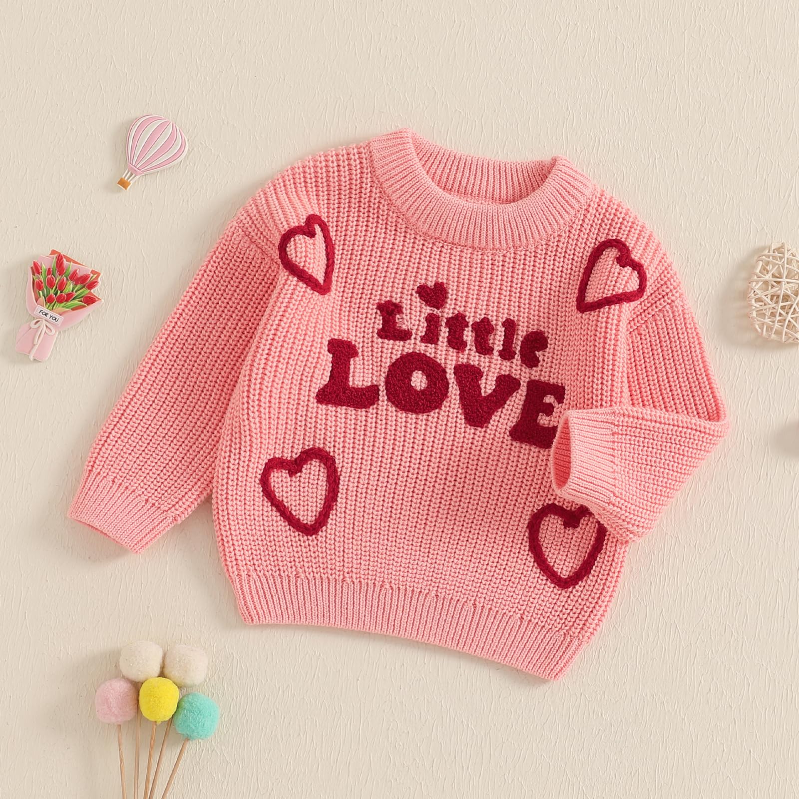 Toddler Baby Girl Valentines Day Outfit Little Love Heart Knit Sweater Long Sleeve Crewneck Pullover Fall Cute Top (Pink Little Love, 12-18 Months)