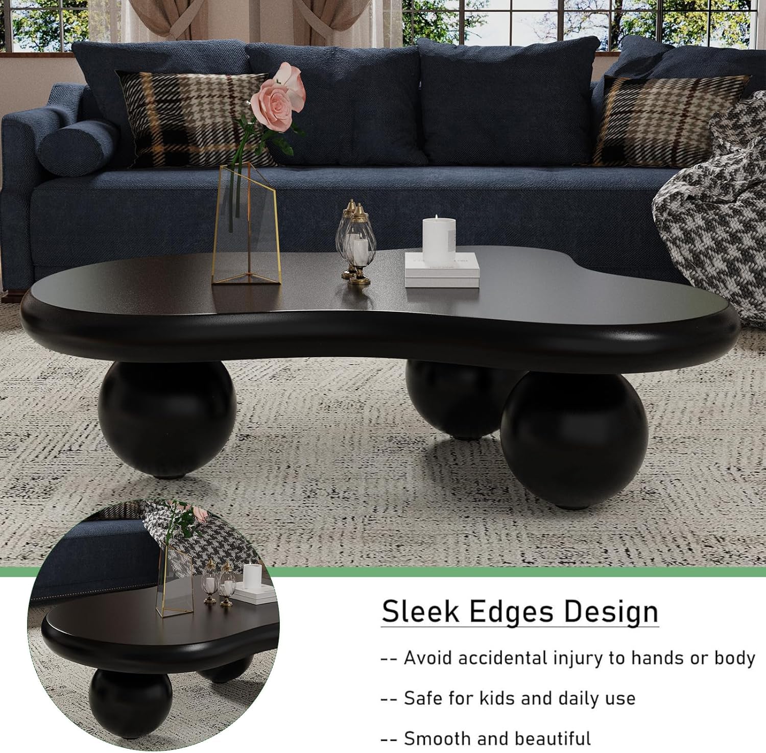 Cloud Shape Coffee Table Modern Wooden Irregular Cute Central Wavy Center Table, Indoor End Tables Black Coffee Tables with 3 Ball Legs for Living Room Bedroom (D46IN)