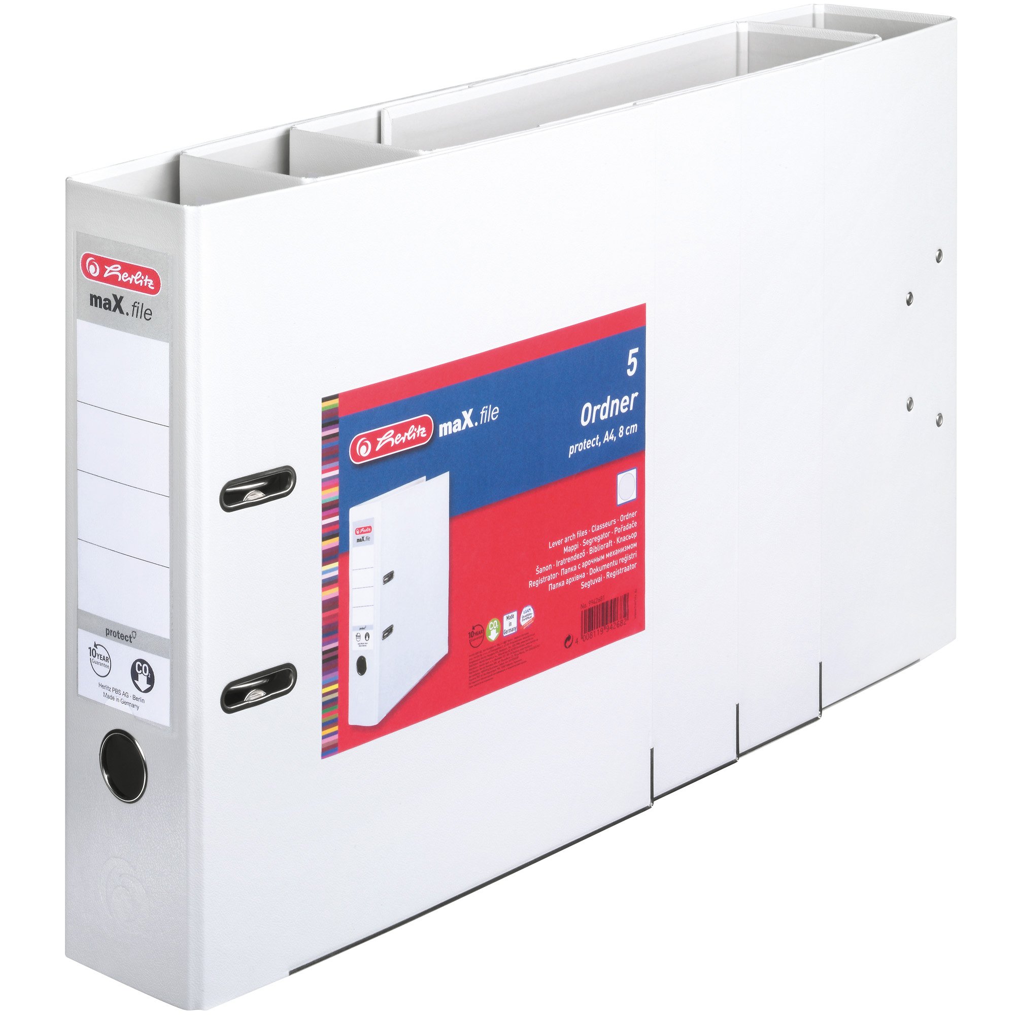 Herlitz 9942681 Ordner maX.file protect A4 8cm weiß, PP-Kunststoffbezug/Papier hellgr.besch. 5er Packung